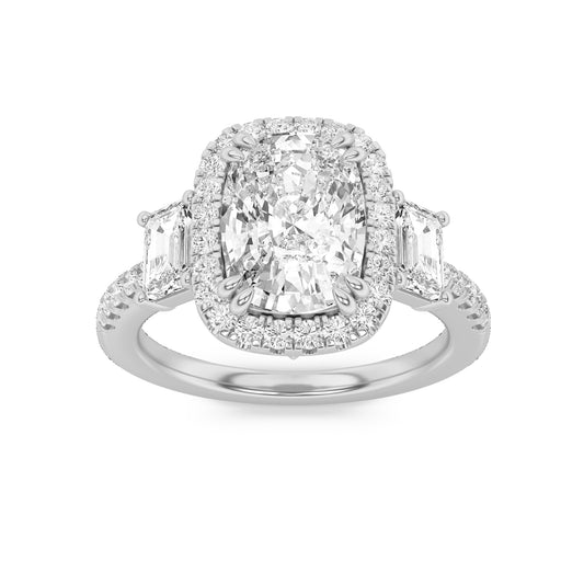 3 ct tw IGI Certified Elongated Cushion Lab-Grown Diamond Accented Three Stone Ring in 14K Solid Gold - White
