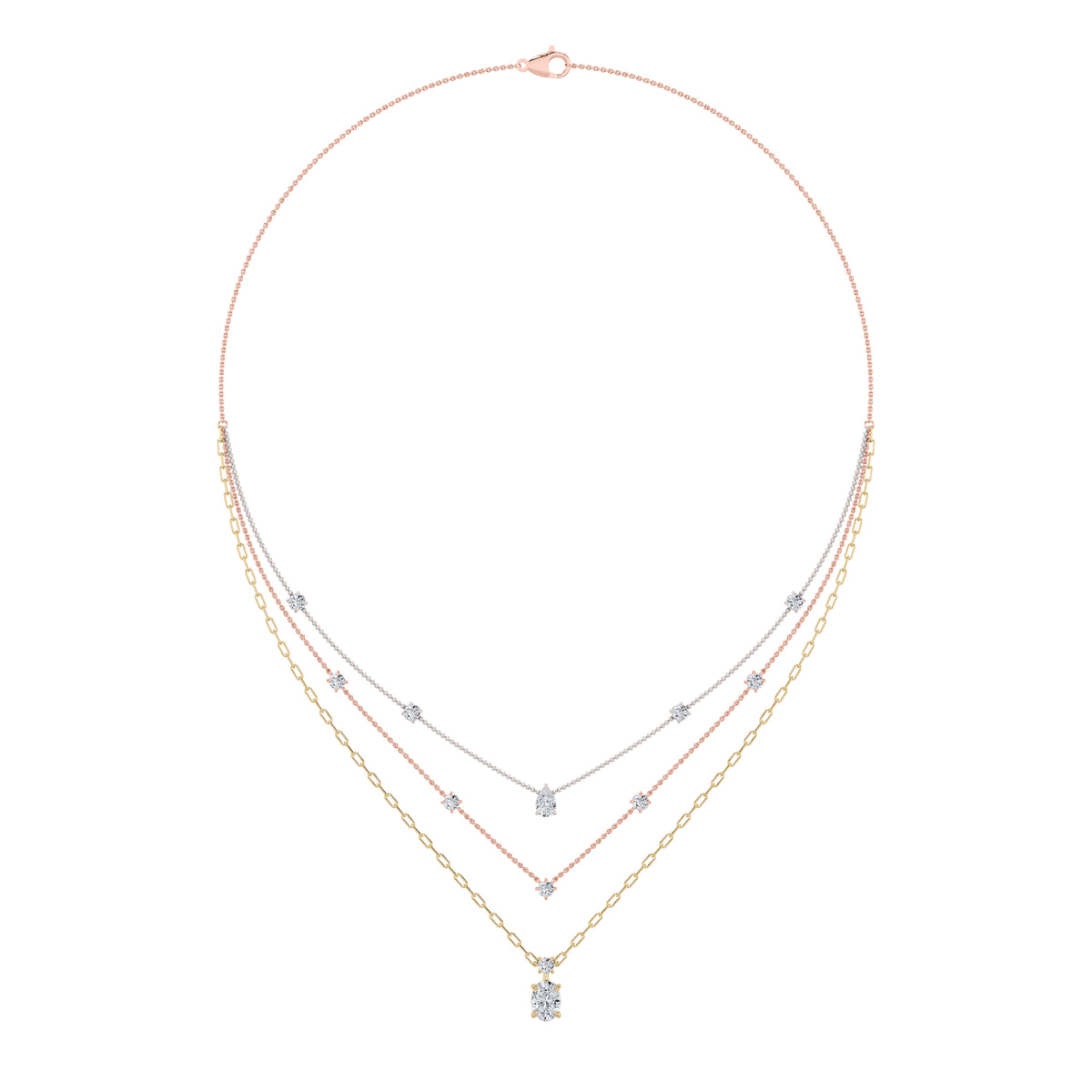 4 ct tw IGI Certified Oval Lab-Grown Diamond Necklace in 14K Solid Gold - Tri-Color