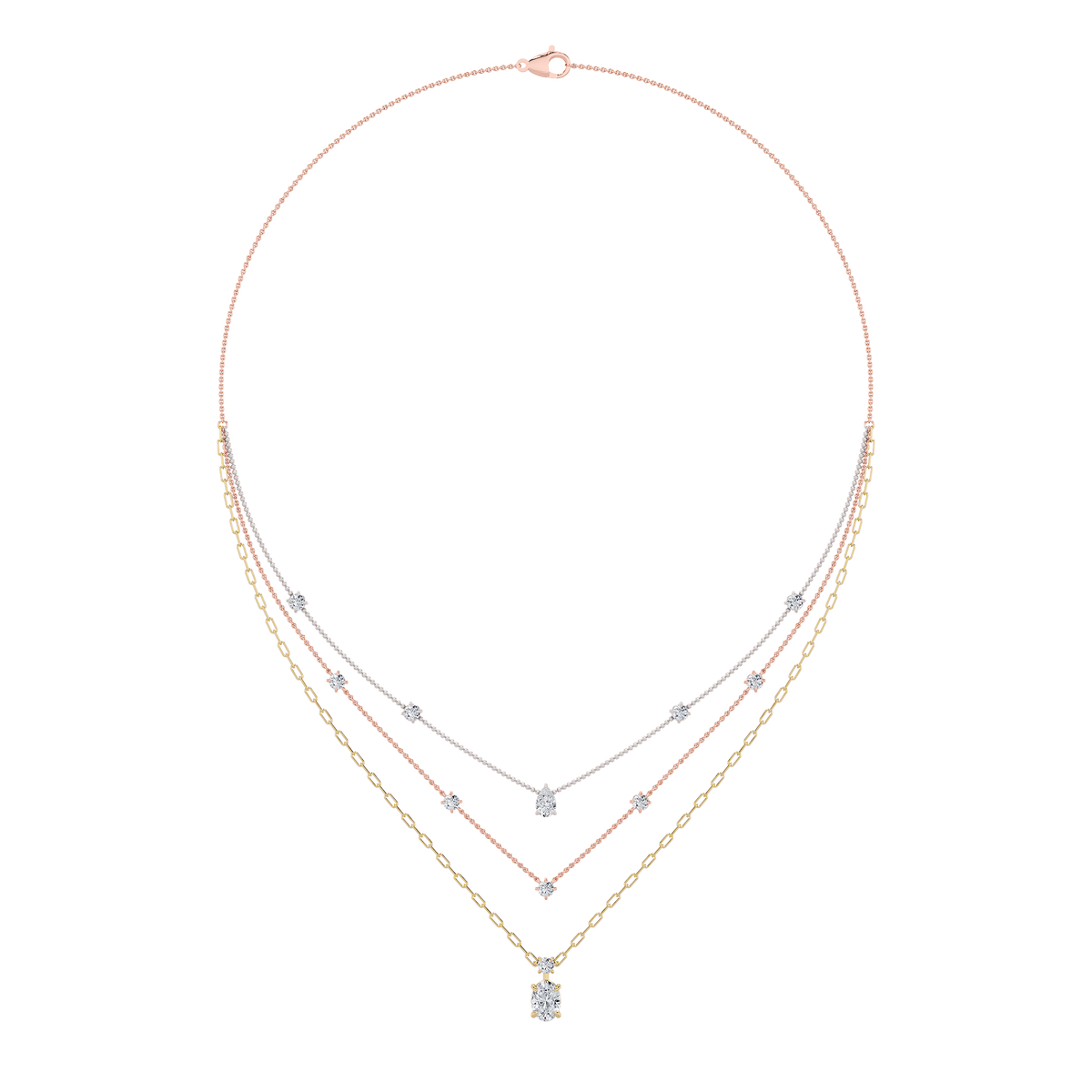 4 ct tw IGI Certified Oval Lab-Grown Diamond Necklace in 14K Solid Gold - Tri-Color