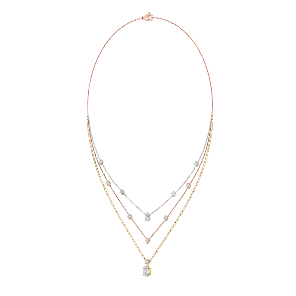 4 ct tw IGI Certified Oval Lab-Grown Diamond Necklace in 14K Solid Gold - Tri-Color