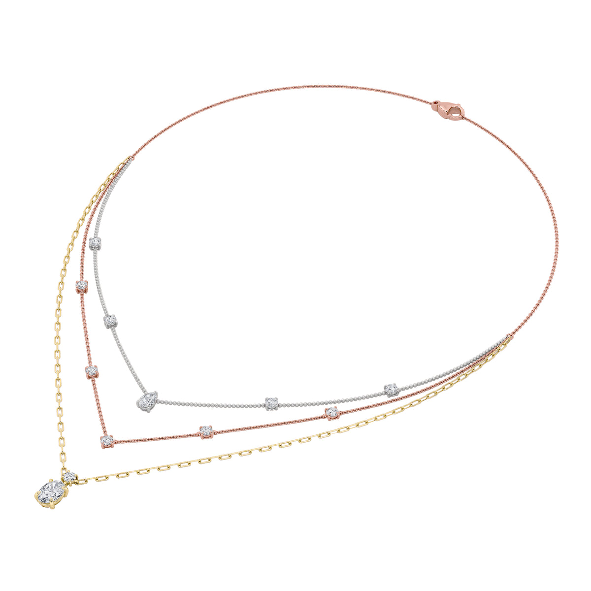 4 ct tw IGI Certified Oval Lab-Grown Diamond Necklace in 14K Solid Gold - Tri-Color