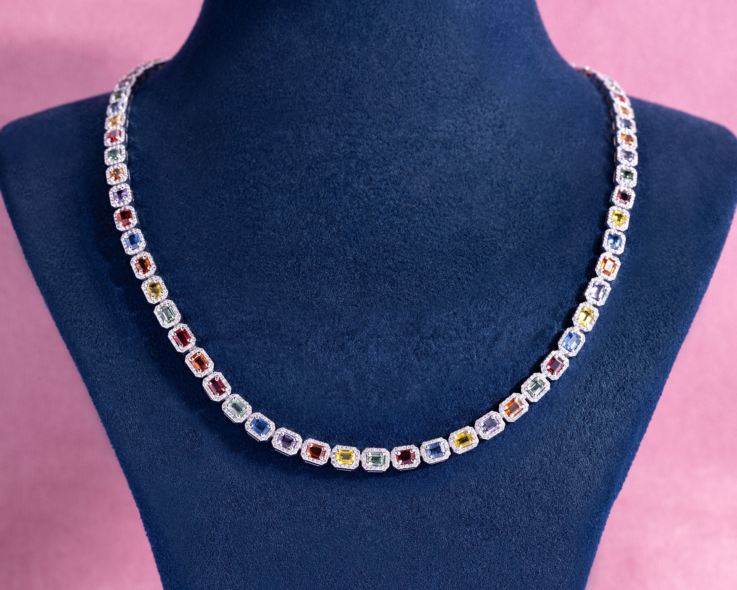 Multi-Color Lab-Created Sapphire Tennis Necklace Sterling Silver 16